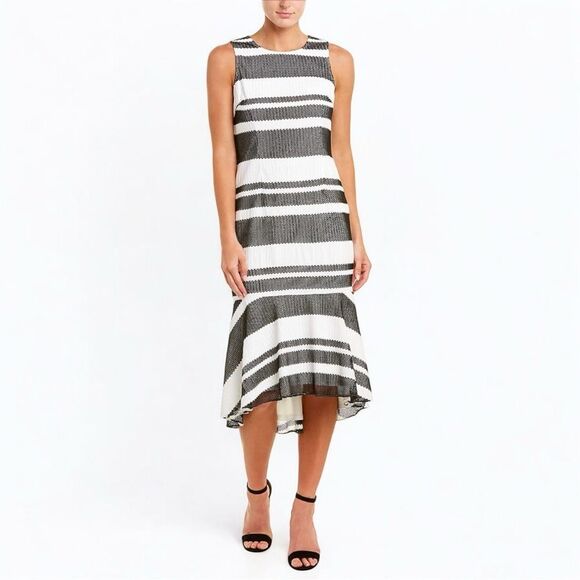 NWT Adrianna Papell Kang Kang Striped Trumpet Midi Dress Black & White Size 14 - Picture 4 of 15